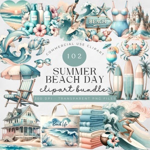 Strand Clipart Bundle, Muscheln, Küste, Hibiskus, Sommerferien, Reise, Ozean, Surfen PNG, Strand-Vibes, Sommertag, Delfin, Muschel