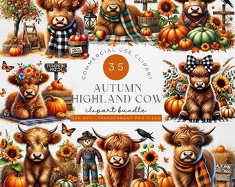 Clipart de vaca otoñal de las Tierras Altas en acuarela: Paquete PNG de animales otoñales (uso comercial)