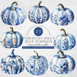 Blau weißer Kürbis Aquarell Clipart PNG, portugiesische Fliese Herbst Erntedank Kürbis Dekor Illustration Hochzeit im Herbst Chinoiserien Kürbisse