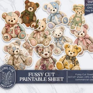 Puede incluir: Una hoja imprimible para recortar en descarga digital con diez osos de peluche ilustrados con patrones de patchwork, detalles florales y cintas. El texto dice: Digital Download ONLY!! You Print!! Fussy Cut Printable Sheet 21,6x27,9 cm sheet | JPG | 300 DPI commercial use.