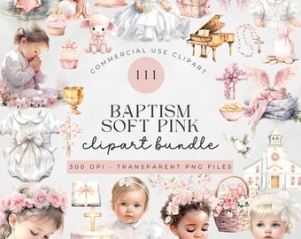 May include: A digital clipart bundle of baptism themed illustrations in soft pink colors. The bundle includes images of babies, doves, crosses, flowers, a church, a chalice, a piano, a rosary, and other religious symbols. The text "Baptism Soft Pink clipart bundle" is included in the image.