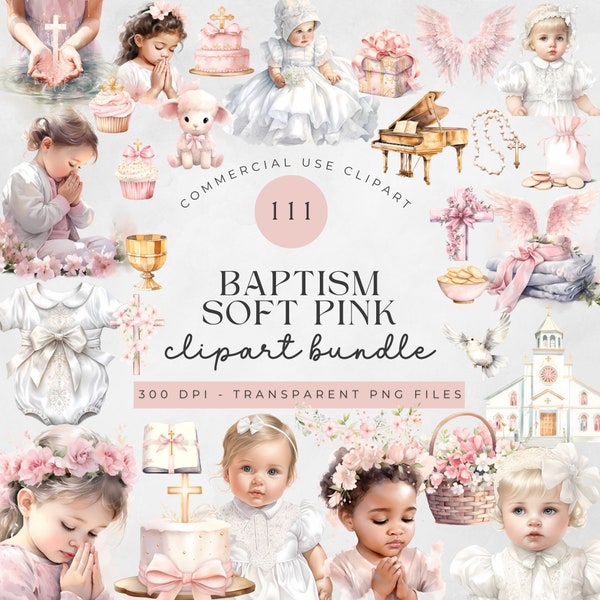 111 Watercolor First Communion Clipart bundle | Pastel Pink | Baptism | Christening | Floral Cross | Bible | Religion | Rosary | Dove