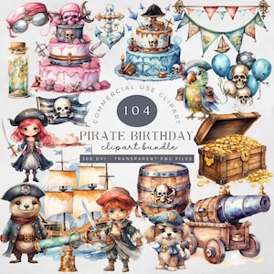 Paquete de imágenes prediseñadas de piratas de acuarela, fiesta de cumpleaños para niños PNG, cofre del tesoro, mapa, loro, barco, nutria, globos, calavera, Ahoy Matey, niño niña