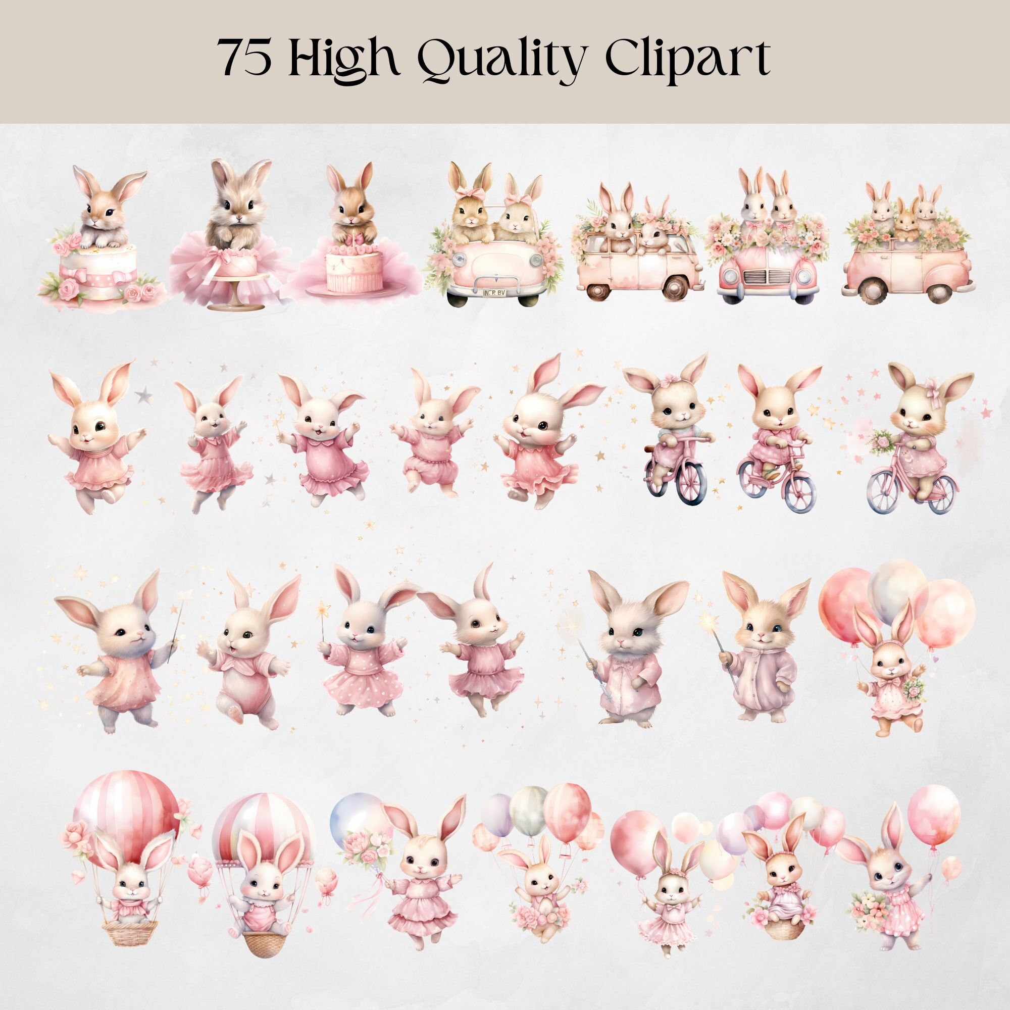 75 Cute Pink Watercolor Bunny Clipart Bundle Baby Shower Baby Bunny ...