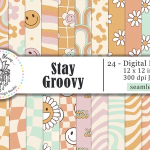 stay groovy digital paper, aesthetic pattern background, groovy seamless pattern, Digital Scrapbook paper, daisy retro, paper pack, bundle