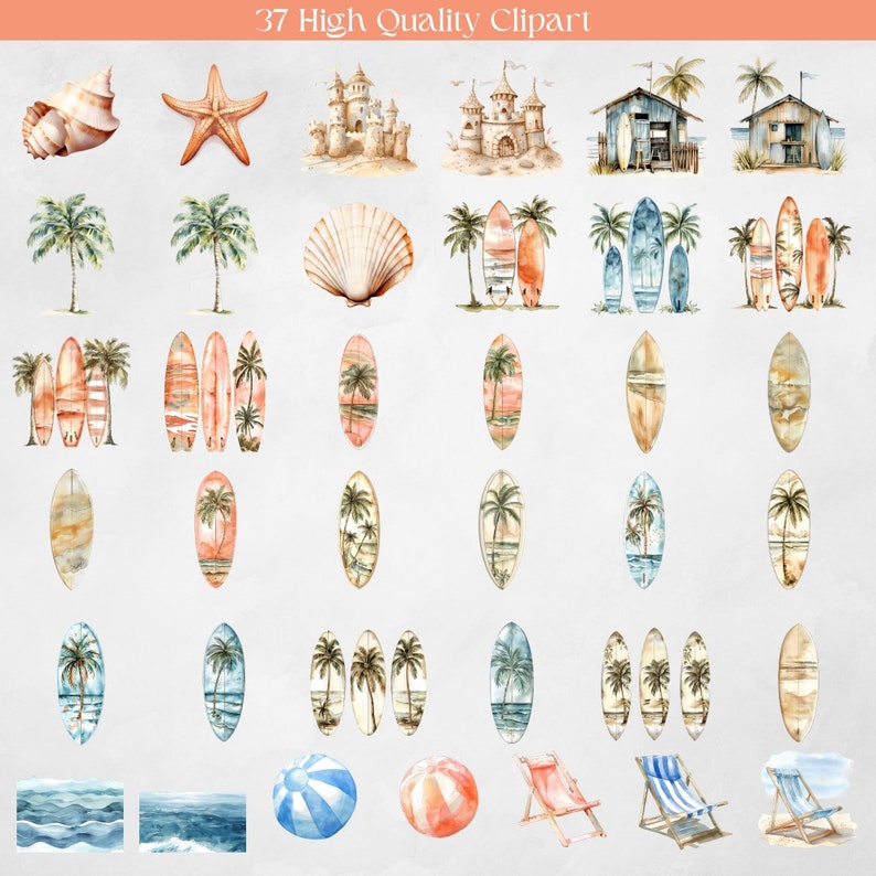 May include: A set of 37 watercolour illustrations featuring beach and summer themes. The illustrations include seashells, starfish, palm trees, sandcastles, surfboards, beach chairs, beach balls, and ocean waves.