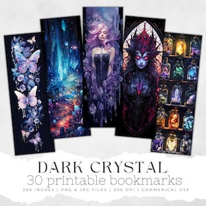 30 Digital Printable Bookmarks PNG  | Book lover | Fantasy | Dark Academia | JPG Sheet | Crystal | Bookmark design | bookmark bundle