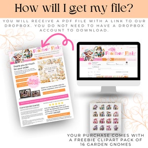 May include: A digital download product listing for a clipart pack of 16 garden gnomes. The listing includes a screenshot of a computer screen showing a website with the text "Feather Flair" and a screenshot of a PDF document with the text "Thank you so much for your order." and "Commercial License".
