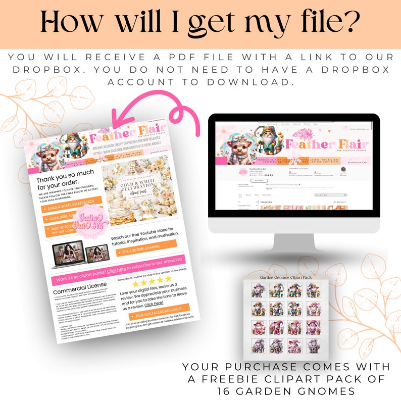 May include: A digital download product listing for a clipart pack of 16 garden gnomes. The listing includes a screenshot of a computer screen showing a website with the text "Feather Flair" and a screenshot of a PDF document with the text "Thank you so much for your order." and "Commercial License".