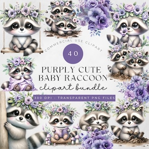 Bundle de cliparts raton laveur, illustration aquarelle de raton laveur, chambre de bébé violet, 300 dpi, joli graphique animaux de la forêt, création numérique en papier