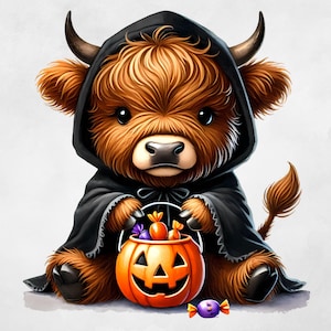 10 Cute Halloween Theme Baby Highland Cow Clipart, Happy Halloween Png ...