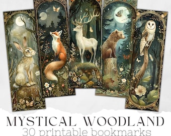 May include: Set of five printable bookmarks featuring woodland creatures in a mystical forest setting. The bookmarks feature a fox, a deer, a bear, a rabbit, and an owl. The bookmarks are 2x6 inches and are available in PNG and JPG formats.