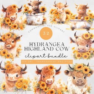 32 baby Highland cow sunflower clipart png | Nursery Print |  watercolor boho nursery art | Baby highland cow | Highland cow clipart