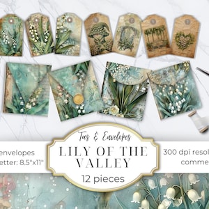 Lily Of The Valley Junk Journal Ephemera, Digital Junk Journal Printable Paper Craft envelopes, tags, white floral, may birth flower