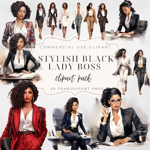 60 Imágenes prediseñadas de chica jefa negra en acuarela / Mujer negra / Jefa negra / Chica de oficina / Dama afro negra PNG / Imágenes prediseñadas de mujer de negocios