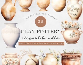 May include: A set of 35 watercolor illustrations of clay pottery in various shapes and sizes. The pottery is decorated with floral patterns and has a rustic, vintage aesthetic. The illustrations are perfect for crafting, scrapbooking, and other creative projects.