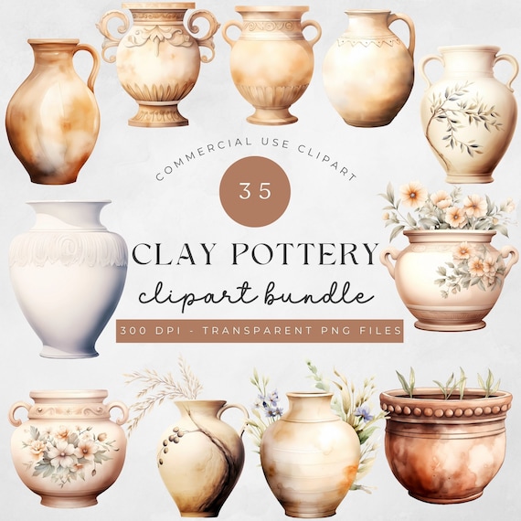 Watercolor Pottery Clipart Bundle: Vases, Planters (PNG Digital Download)