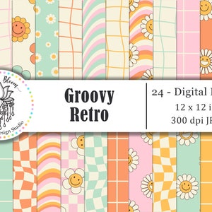 Groovy Retro digitales Papier, ästhetischer Musterhintergrund, nahtloses Muster, Digital Scrapbook Papier, zwei groovy, ein groovy, Papiersatz