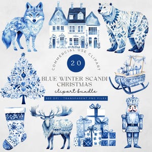 Zestaw skandynawskich świątecznych clipartów Folk Art PNG Nordic Woodland Blue Winter Fox Polar Bear tree stocking floral gift house home sleigh