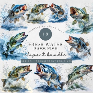BASS FISHING WATERCOLOR Sublimation clipart bundle, Father&#39;s day fishing, men fishing sport, Transparent Background, 300 dpi graphic