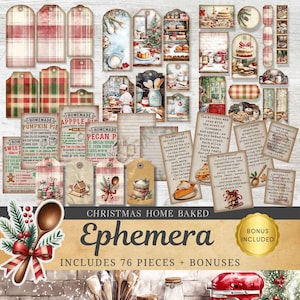Christmas Baking Kitchen Junk Journal Kit Digital Scrapbook Paper Printable Ephemera Card Making Mixed Media Crafts tags recipe fussy cut
