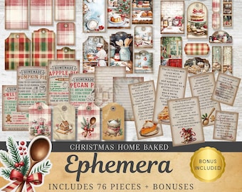 Christmas Baking Kitchen Junk Journal Kit Digital Scrapbook Paper Printable Ephemera Card Making Mixed Media Crafts tags recipe fussy cut