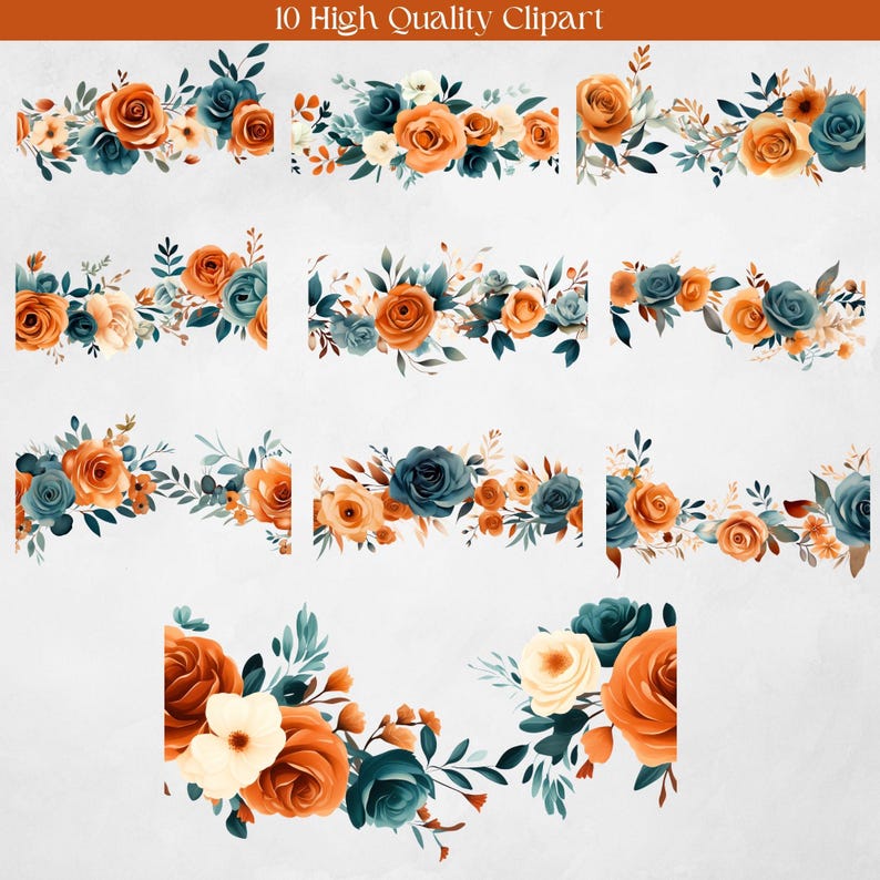 Burnt Orange and Dark Teal Flower Clipart Bundle Boho Fall Autumn