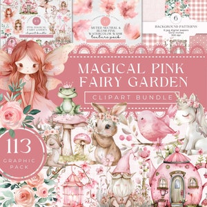 Clipart de fada aquarela, clipart de fada mágica, berçário de fada rosa PNG, jardim de fadas, clipart de cogumelo, unicórnio, borboleta, clipart de flor