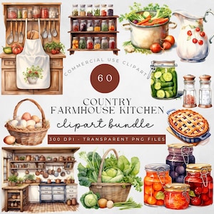 Pacote de clipart de cozinha de fazenda rural, clipart aquarela, clipart rústico, receitas, sinal de fazenda, scrapbooking, artesanato de papel, sublimar
