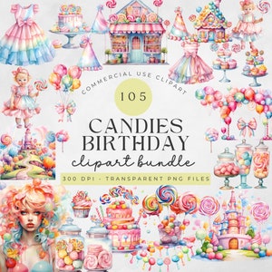 105 Watercolor Candy birthday theme Clipart bundle | Sweet Macarons | Treats Candy | 1st birthday | Candies party | sublimation | PNG