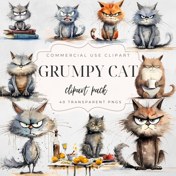 40 Funny Grumpy Cat Clipart Bundle | High Quality 300DPI PNG | Commercial Use | Digital Download | Junk Journal |  Pet clipart | papercraft