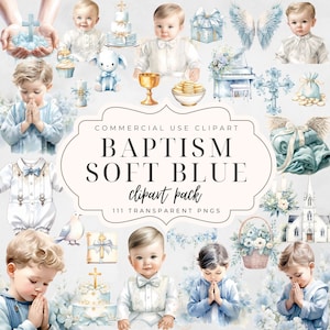 Clipart première communion aquarelle, bleu pastel, clipart baptême, baptême, croix florale, Bible, religion, chapelet, église, usage commercial