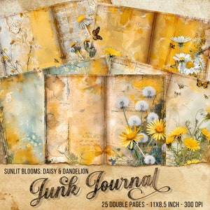 Summer Daisy Doubles, Dandelion Junk Journal Pages, 11x8,5 pollici, stampabile, doppie pagine, scrapbooking, download digitale, 300 dpi