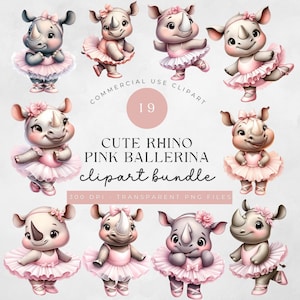 Clipart ballerine rhinocéros, illustration de chambre d'enfant, jungle, animal sauvage, animal mignon, ballet, rose, bébé rhinocéros, png transparent, animal de safari,