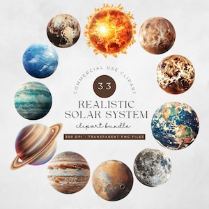 Paquete de imágenes prediseñadas de otro mundo, imágenes prediseñadas de planetas realistas, sistema solar, ciencia, PNG, Tierra, Venus, Marte, Luna, Sol, Saturno, galaxia