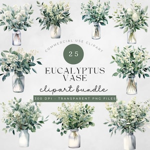 Eucalyptus PNG, Watercolor Eucalyptus Clipart Bundle, Greenery Clipart, Green Leaves, Eucalyptus floral vase, Wedding Clipart, Foliage