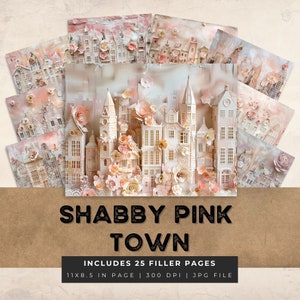 Shabby chic Pink Papercut Town City Junk Journal Kit Blush Rose Floral Page Lace Digital Scrapbooking Ephemera Flower House, US Letter size