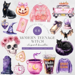 Paquete de imágenes prediseñadas de bruja adolescente moderna, acuarela rosa coqueta PNG femenina Halloween calabaza especia temporada brujería gato negro calavera cristal