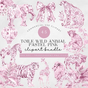 Safari toile clipartbundel roze, babyshower toile de jouy-illustraties, aquarel chinoiserie jungledieren, wilde dieren png, dierenafbeelding