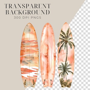May include: Three watercolour painted surfboards with a tropical theme. The surfboards are orange and pink with white accents. One surfboard has a palm tree design.