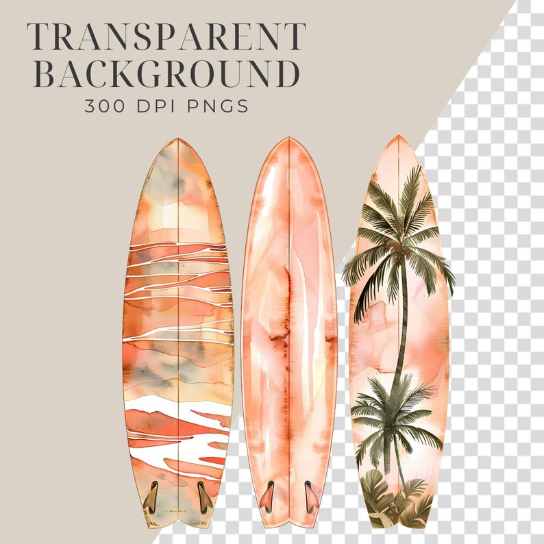 May include: Three watercolour painted surfboards with a tropical theme. The surfboards are orange and pink with white accents. One surfboard has a palm tree design.