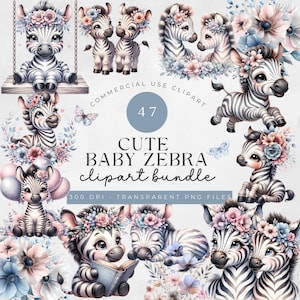 Pacote de clipart de zebra bebê fofo, zebra doce, menina, PNG zebra, chá de bebê, fundo transparente, gráfico de animal safari de 300 dpi