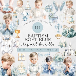 111 bundle di clipart per la prima comunione ad acquerello / Blu pastello / Battesimo / Cresima / Croce floreale / Bibbia / Religione / Rosario / Colomba