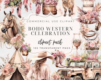 Watercolor Western Clip Art Bundle: Boho Cowgirl PNG Images (105 files)