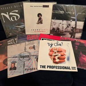 May include: A collection of nine vinyl records, including albums by Nas, The Notorious B.I.G., Warren G, Public Enemy, Fu-Gee-La, DJ Clue?, and Redman. The records are all in protective plastic sleeves and are arranged in a stack on a dark blue surface.