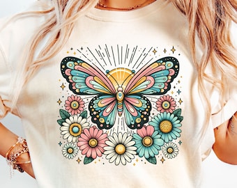 Butterfly Shirt, Nature Lover T Shirt, Comfort Colors, Positive Thoughts Tee, Minimalist Tshirt, Plant Lovers Gift, Retro Flowers T-Shirt
