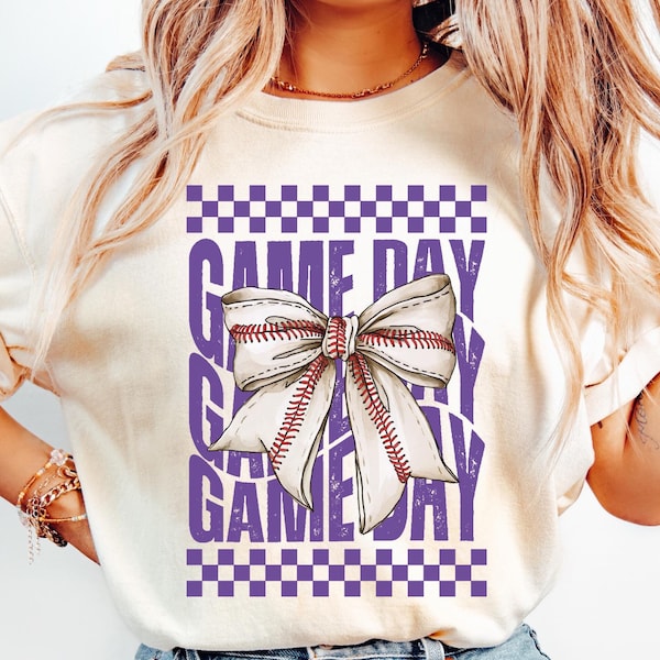 Game Day BASEBALL Shirt, Purple Coquette Bow, Team Mascot Tshirt, Comfort Colors, Gameday Tee, Baseball fan, Mama Mom Gift, Girly T-Shirt
