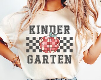 Kindergarten Teacher Shirt, Cute Kinder T Shirt, Comfort Colors, Team Level Tee, Retro Teacher Life, Tiny Humans, Groovy Disco Apple T-Shirt