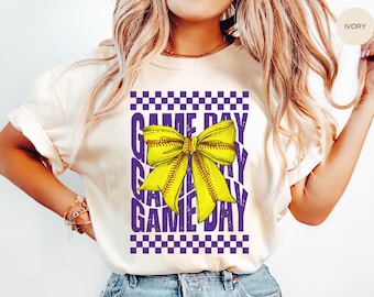 SOFTBALL Shirt, Game Day Tshirt, Comfort Colors, Purple Coquette Softball, Softball Mom Gift, Softball Player, Teacher Shirt, Girly T-Shirt