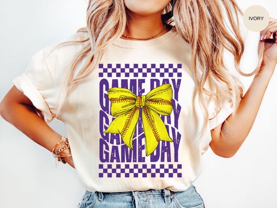 SOFTBALL Shirt, Game Day Tshirt, Comfort Colors, Purple Coquette Softball, Softball Mom Gift, Softball Player, Teacher Shirt, Girly T-Shirt